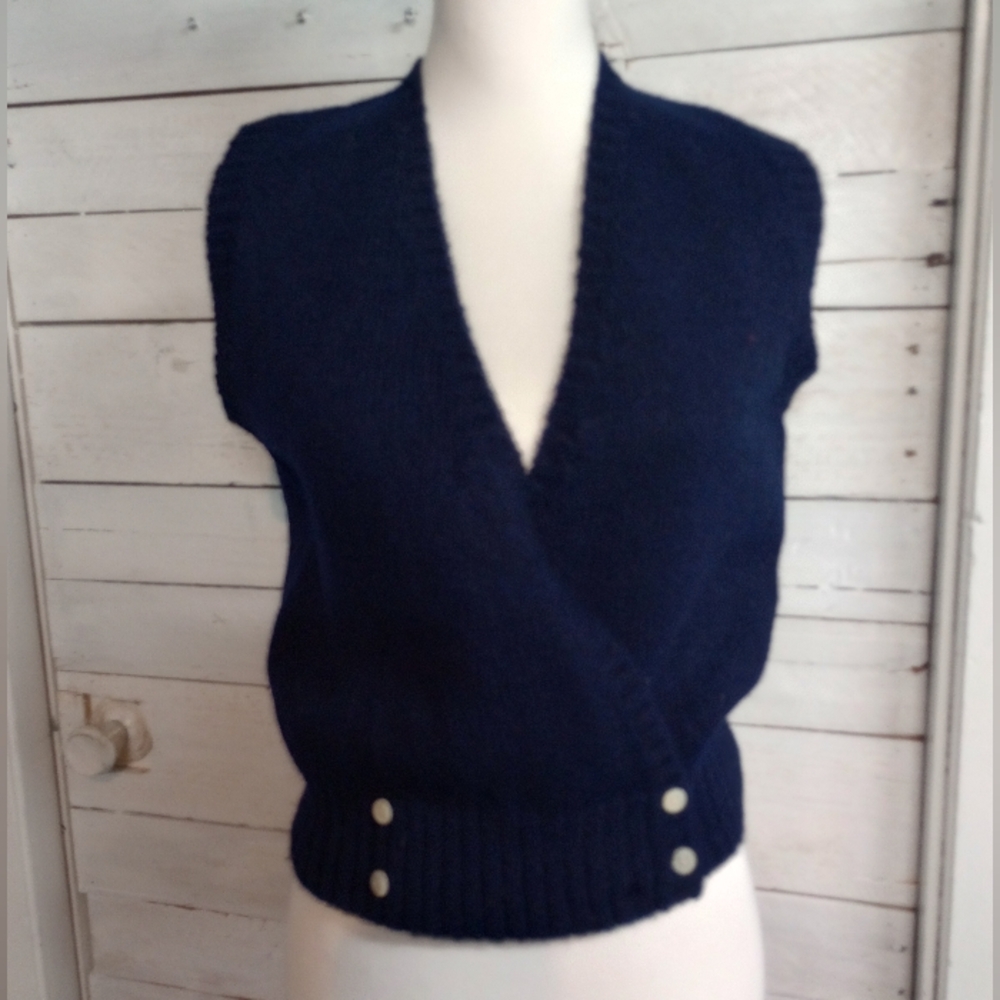 Vintage Women's Size S/M Wool Faux Wrap Sleeveless Sweater Vest Boho Academia